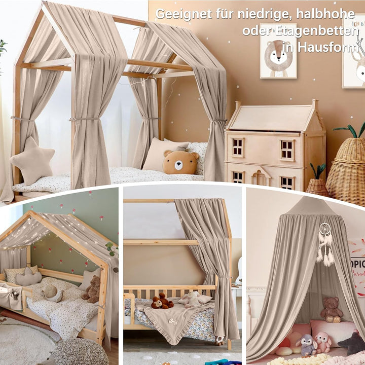 iLuane Hausbett Himmel Deko - 3PCS Betthimmel Hausbett Set, 100% Baumwolle Musselin Vorhang - Hausbe