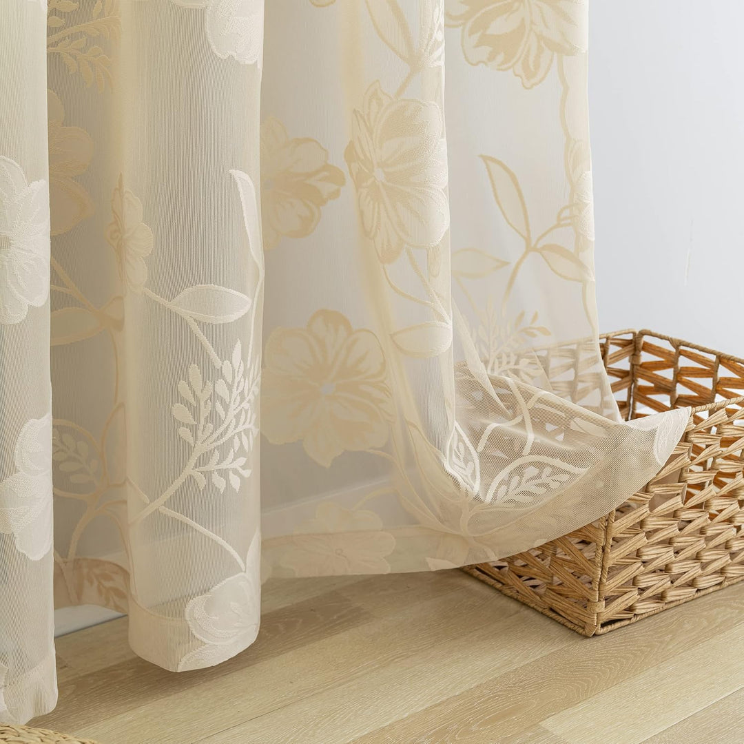 Treatmentex Spitze Vorhang Jacquard Gardinen mit Ösen Schwarze 3D Blumenmuster Halbtransparente Vorh