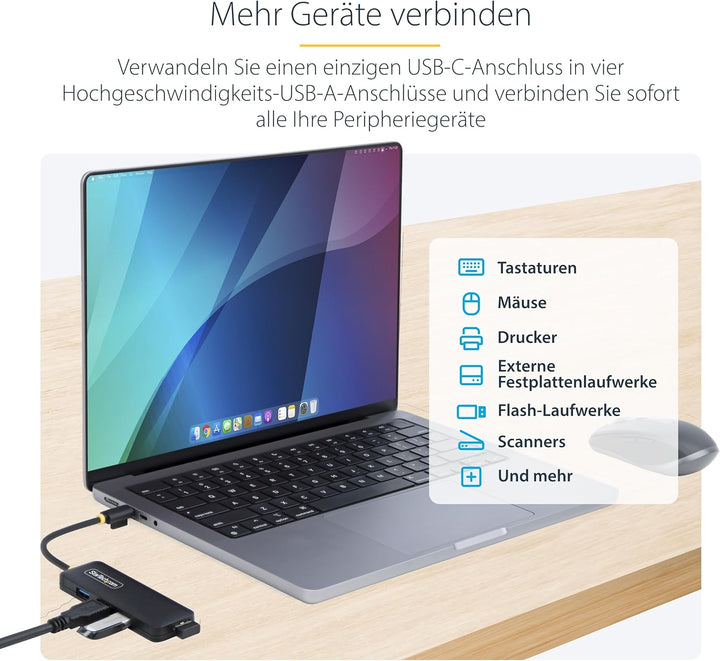 StarTech 4-Port USB-C Hub, USB-C zu 4X USB-A, Busbetrieben, Mini Hub, Multi-Port USB 3.0 Splitter, D