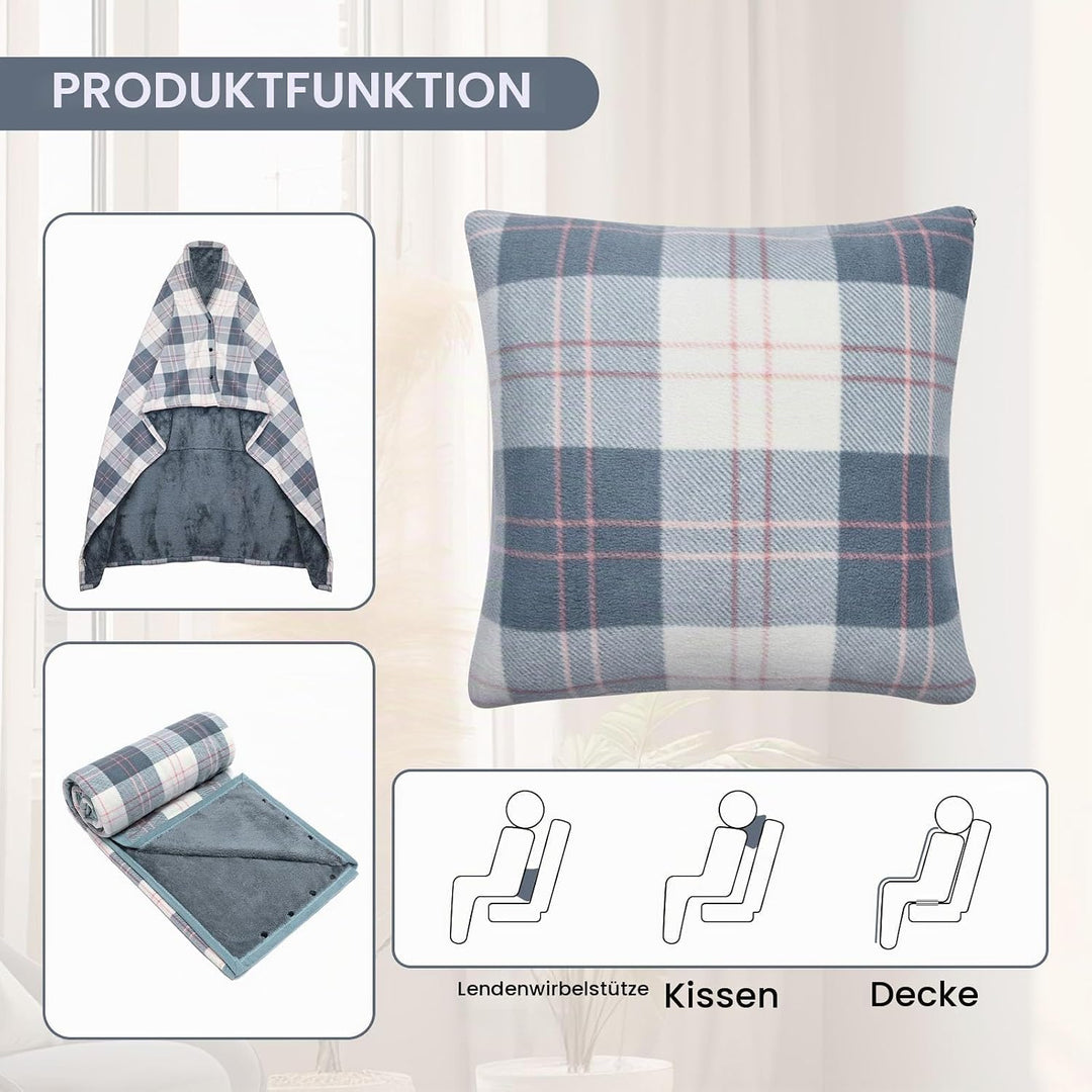Tragbare Decke Kompaktes Kissen 2-in-1-Schossdecke Damen Poncho Fleece mit Knopf Karierte Tagesdecke