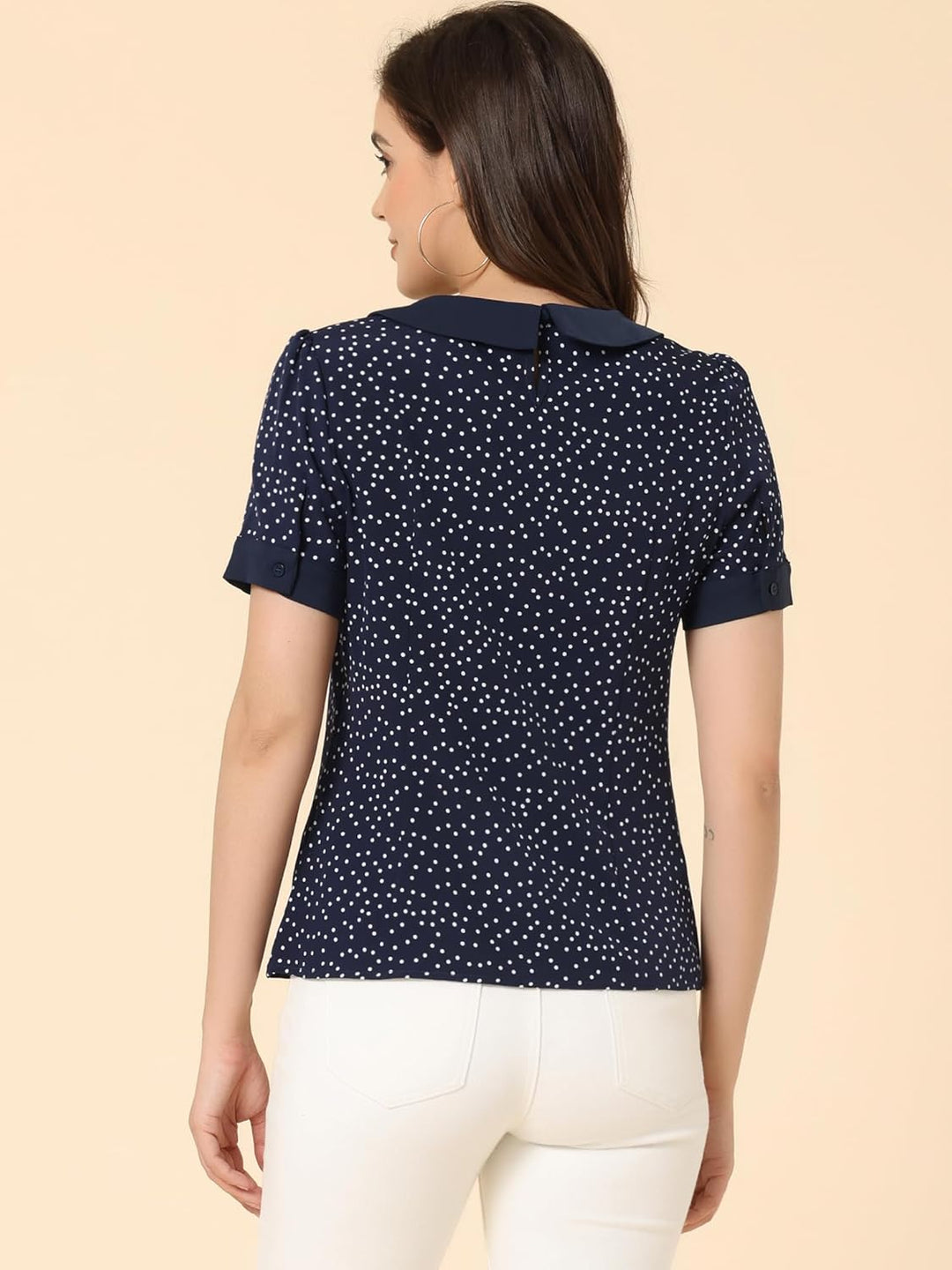Allegra K Damen Kurzarm Bubikragen Punkte Oberteil Vintage Polka Dots Elegant Top Bluse XL Marinebla