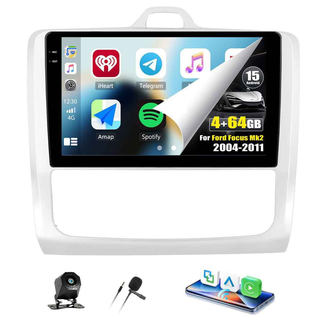 CAMECHO 4+64G Android 15 Autoradio 9 Zoll für Ford Focus Mk2 2004-2011, Navi Radio mit GPS WiFi Wire