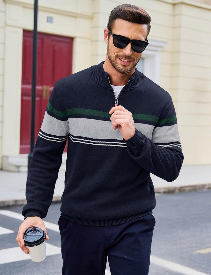 MAGCOMSEN Herren Strickpullover Stehkragen 1/4 Zip Pullover Gestreift Sweater Baumwolle Langarm Swea