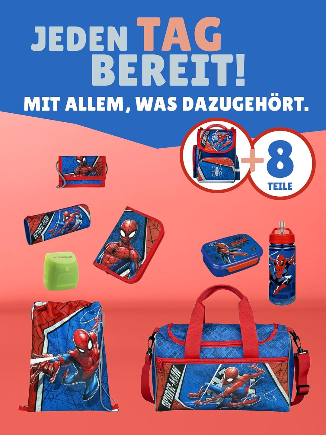 Schulranzen-Set Marvel Spiderman 9 tlg. mit Federmappe, Dose, Flasche, grosser Sporttasche und Regen
