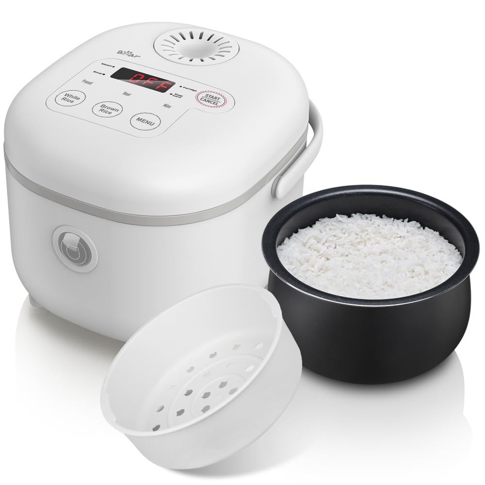 Bear Reiskocher Weiss 2L mit Dampfgarer, 6 Reiskochfunktionen mit braunem Reis, Dampf, Brei, Suppe,