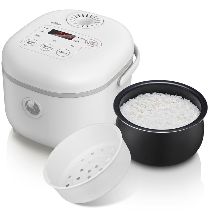 Bear Reiskocher Weiss 2L mit Dampfgarer, 6 Reiskochfunktionen mit braunem Reis, Dampf, Brei, Suppe,