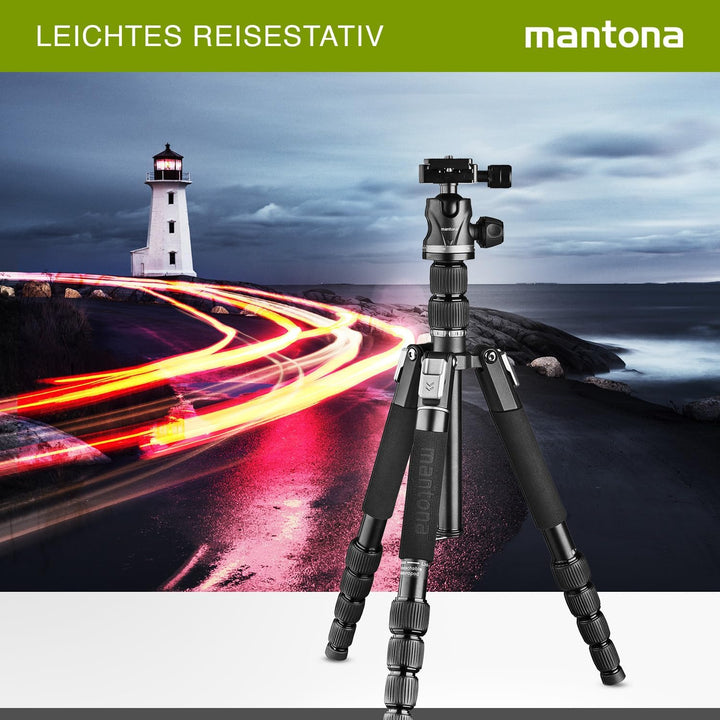 Mantona DSLM Travel Evolution 224 - leichtes Allround Reisestativ mit Vollausstattung, 360° Panorama
