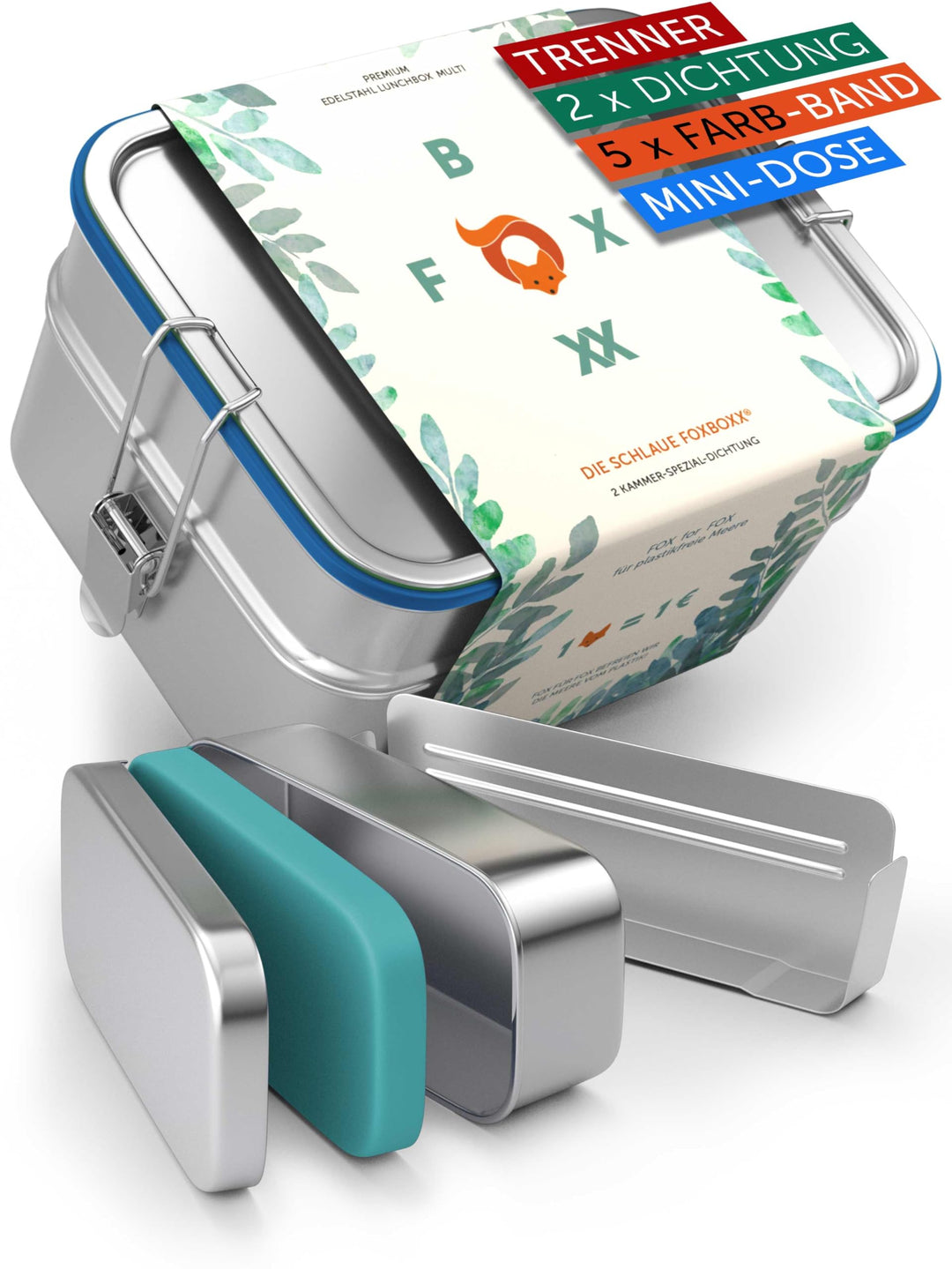 FOXBOXX Edelstahl Brotdose Premium | Multi 1550ml DOPPELDECKER | 2 Ebenen + 1 Trenner + 150ml MiniBo