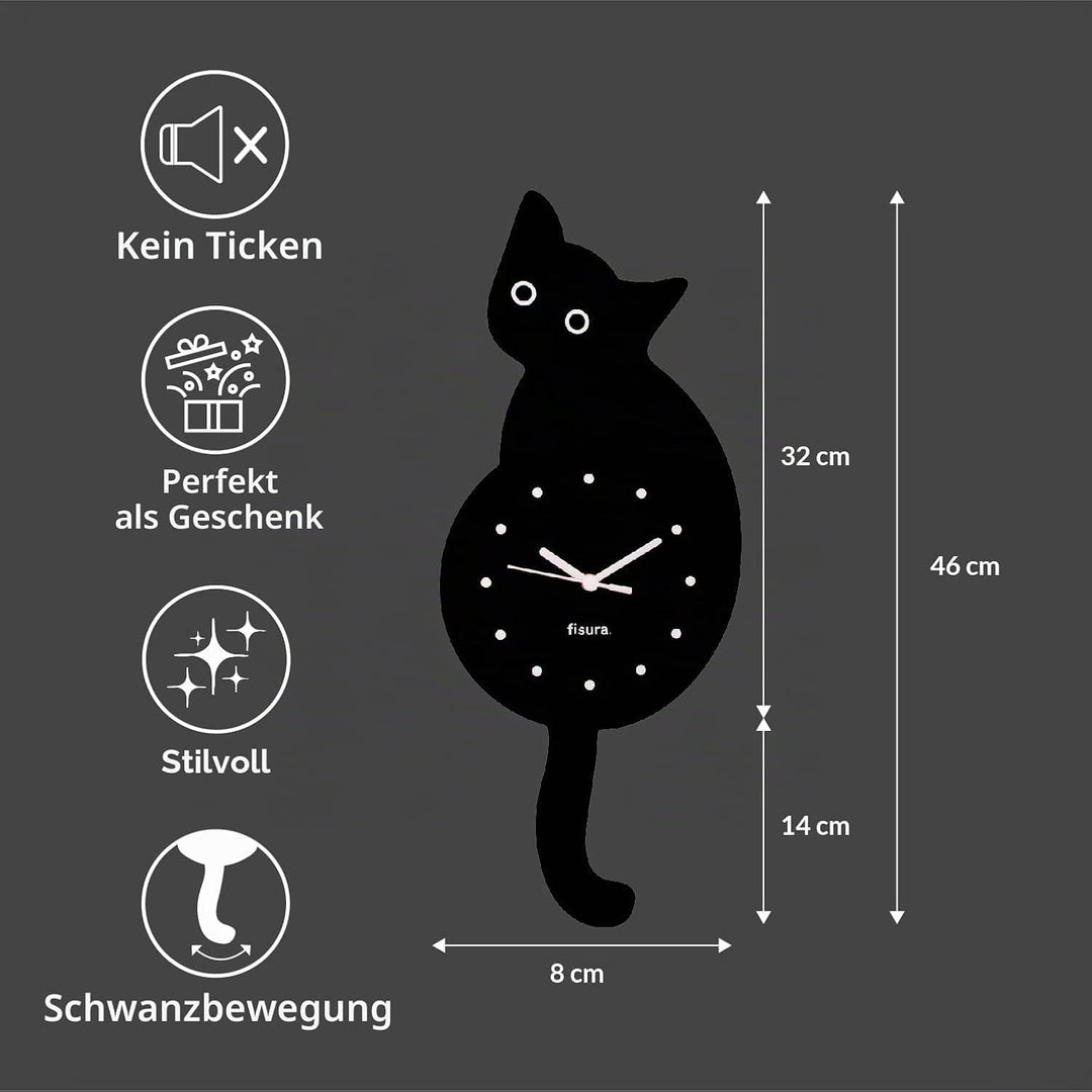 FISURA - Katzenuhr mit Schwanz. Original-Wanduhr. Leise Wanduhr 46 x 8 Zentimeter. Holz und ABS. 1 A