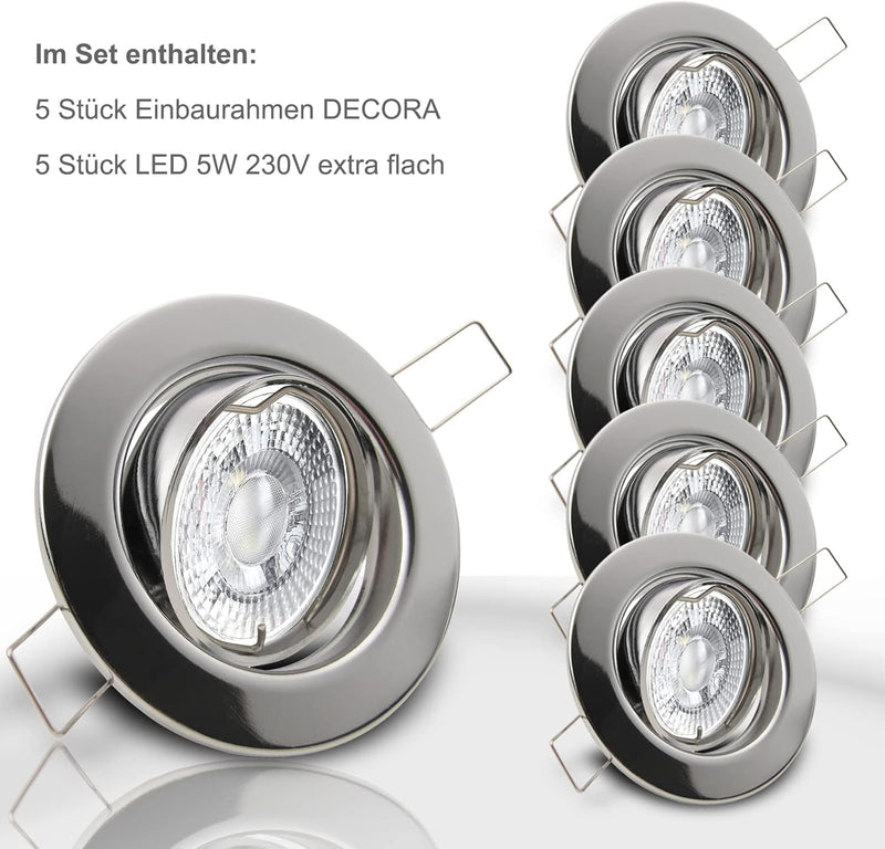 trendlights24 Decora Decken Einbaustrahler flach 35 mm 230V 5er Set - LED Spots je 5W Warmweiss 400l