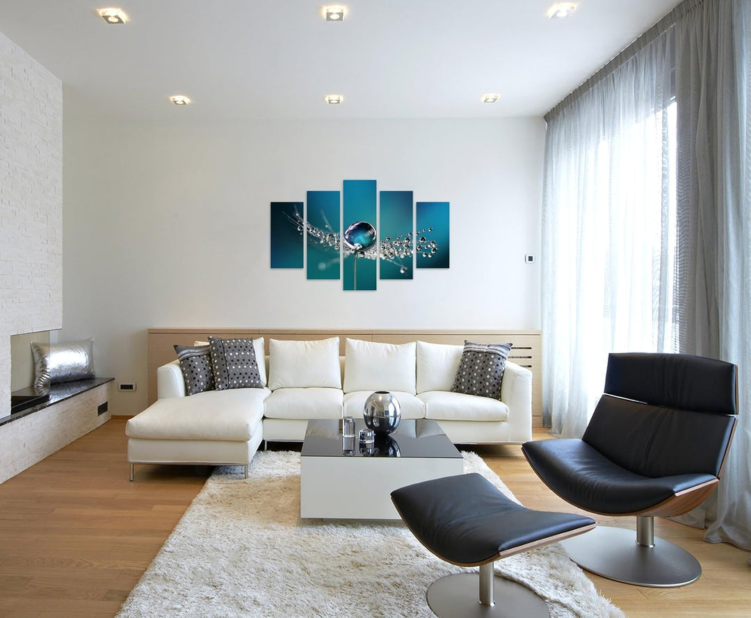 Wandbild 5 teilig Breite 150cm x Höhe 100cm Naturfotografie – Pusteblumen mit Morgentau auf Leinwand