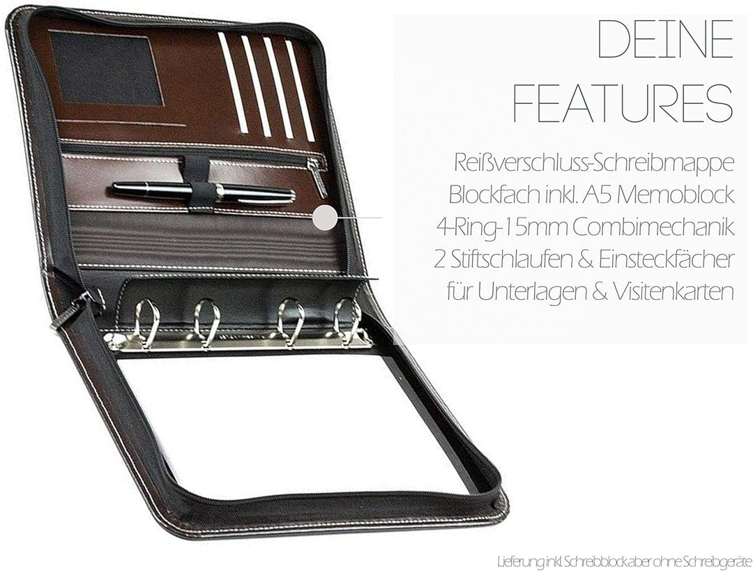 DELMON VARONE - Personalisierbare Ringbuch Schreibmappe DIN A5 aus Cambridge Top Grain Leder braun,