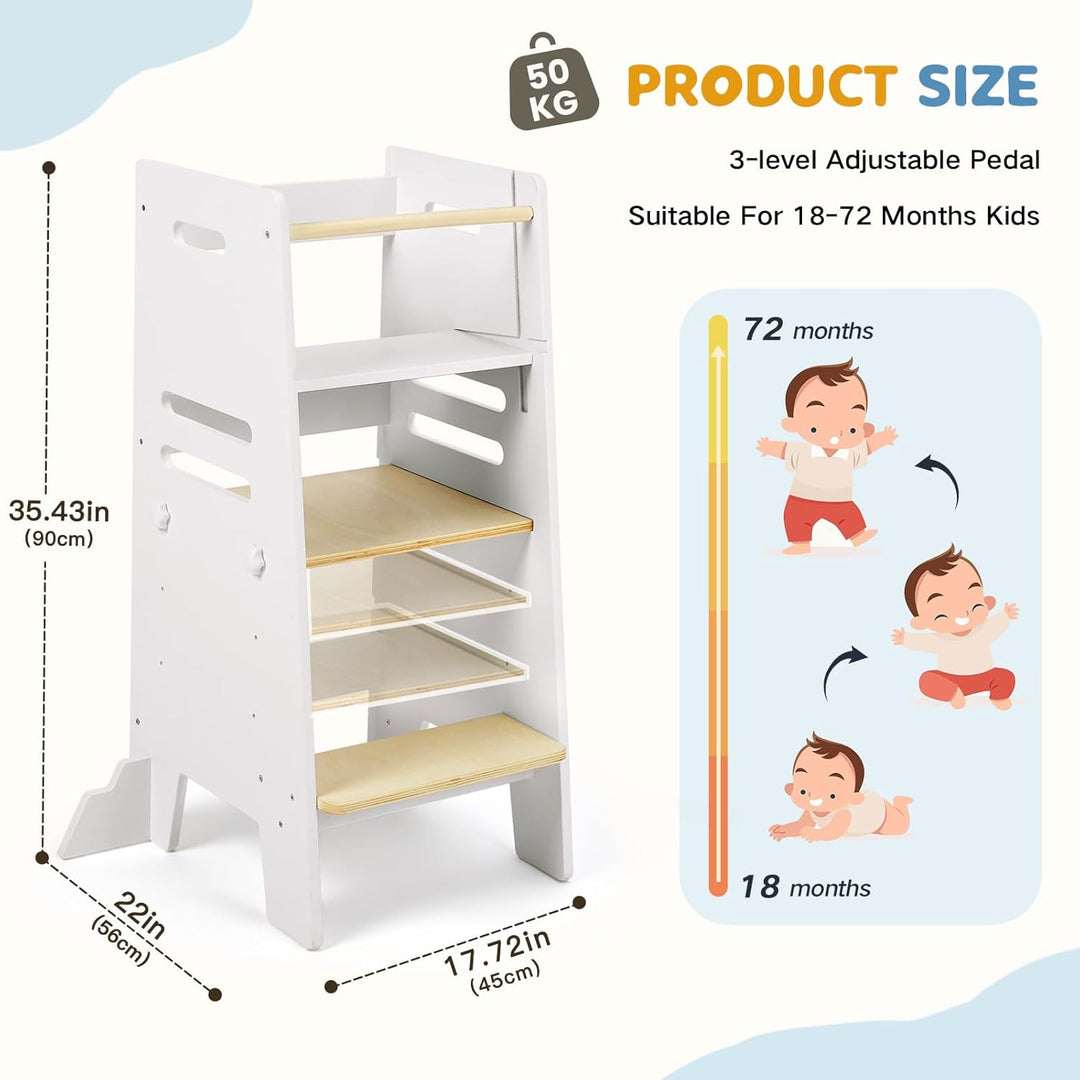 Labebe Montessori Lernturm ab 1 Jahr, 3-in-1 Learning Tower mit Tafel & Sitzbrett, 3-Fach höhenverst