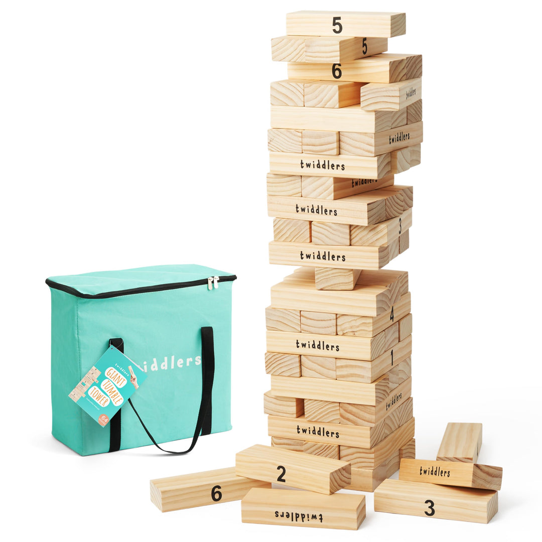 THE TWIDDLERS - Grosser Tumble Tower Garten-Rasen-Spiel, 64 Holzklötze, stapelt bis zu 1.2m hoch - B