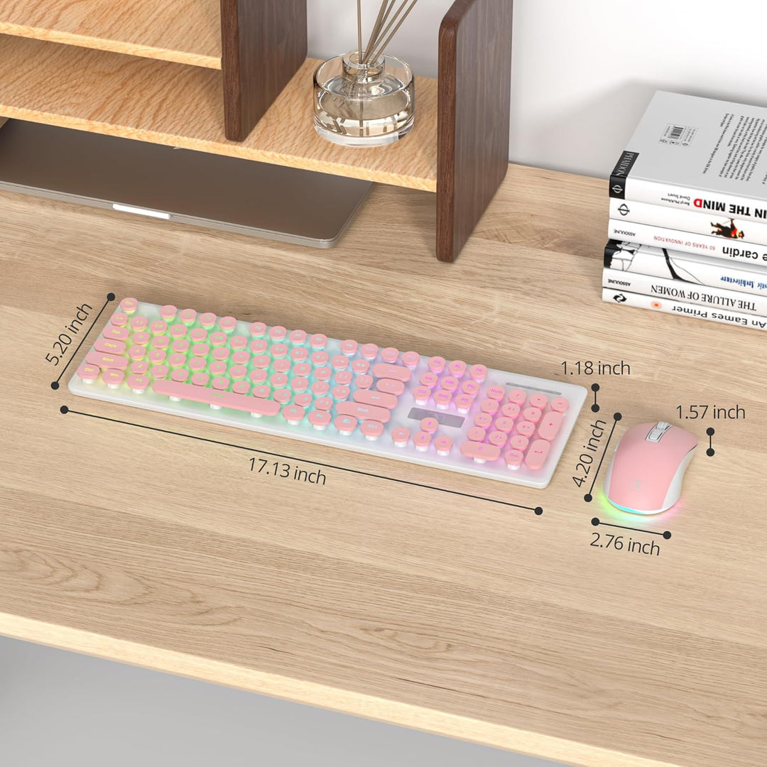 SOLIDEE Beleuchtetes Kabellose Tastatur und Maus Set, 2.4 GHz Wiederaufladbar, Rosa Retro Schreibmas