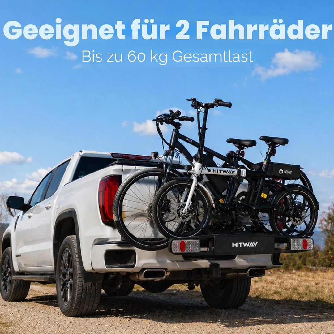 HITWAY Fahrradträger für 2 E-Bikes, 60 kg Tragfähigkeit, klappbare Pedalstützen, LED-Rückleuchten, v
