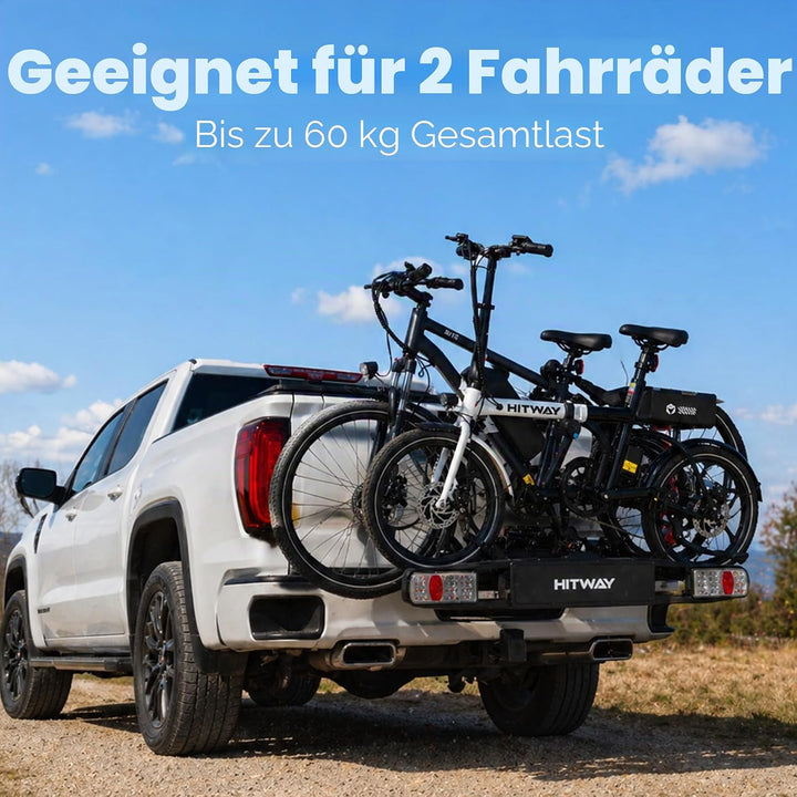 HITWAY Fahrradträger für 2 E-Bikes, 60 kg Tragfähigkeit, klappbare Pedalstützen, LED-Rückleuchten, v