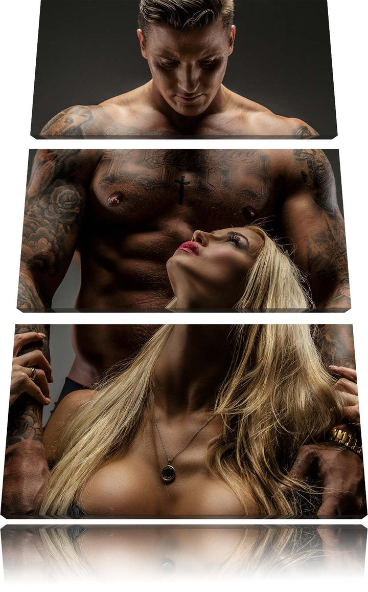 Pixxprint Sexy Frau mit tätowiertem Mann / 3-Teilig/Gesamtmass 120cm Leinwandbild bespannt auf Holzr