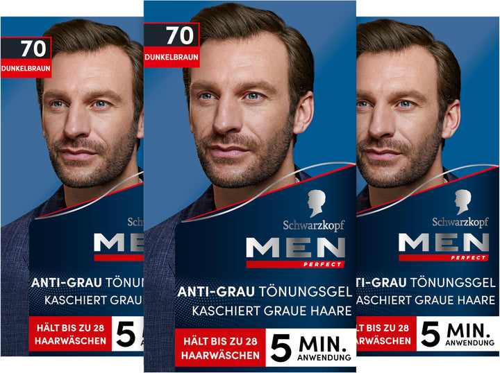Schwarzkopf Men Perfect Anti-Grau Tönungs-Gel 70 Dunkelbraun (3 x 80 ml), Haarfarbe für Männer blend