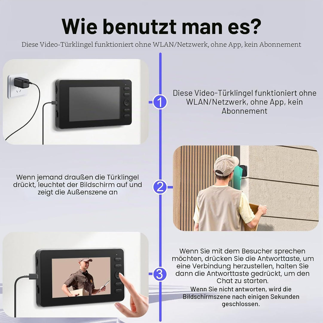 Kabellose Türklingel mit Kamera1080P Video,Kabellose Video Türklingel Kamera mit 4,3Zoll Bildschirm,