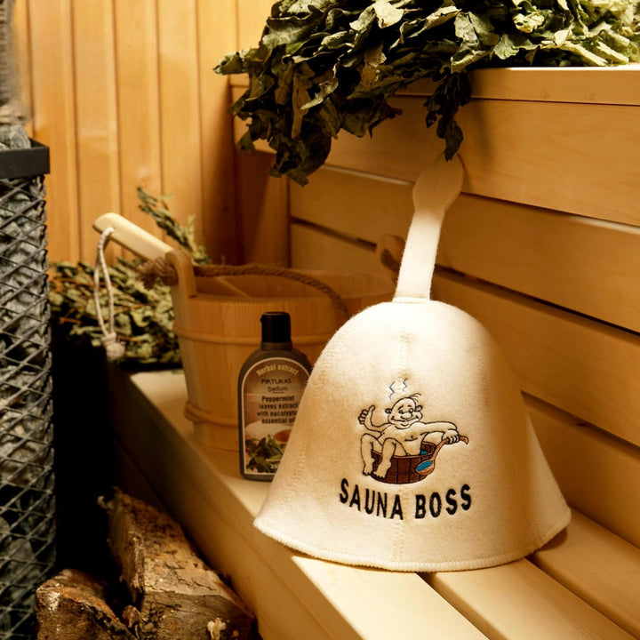 BOSS HAT - 100% Bio Wollfilz Cap Banya Haarschutz bestickt russisches Accessoire Raumaccessoire Gesc
