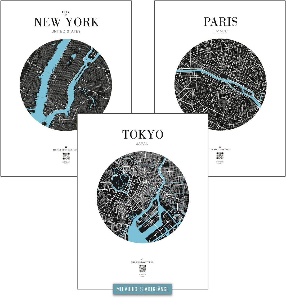 VALINA HÖRBAR RELAX | Hörbild | 3er-Set | New York + Paris + Tokyo | Poster Poster / Papier 30cm x 4