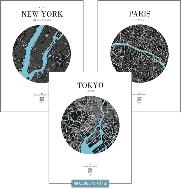 VALINA HÖRBAR RELAX | Hörbild | 3er-Set | New York + Paris + Tokyo | Poster Poster / Papier 30cm x 4