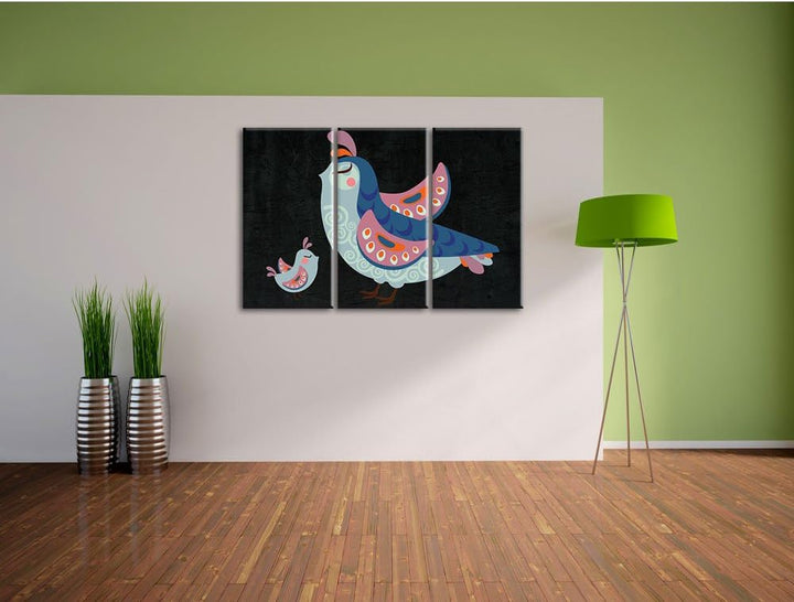 Pixxprint Vogelmutter mit Kind als Leinwandbild/Grösse: 3 Teilig (120x80) cm/Wandbild/Kunstdruck/fer