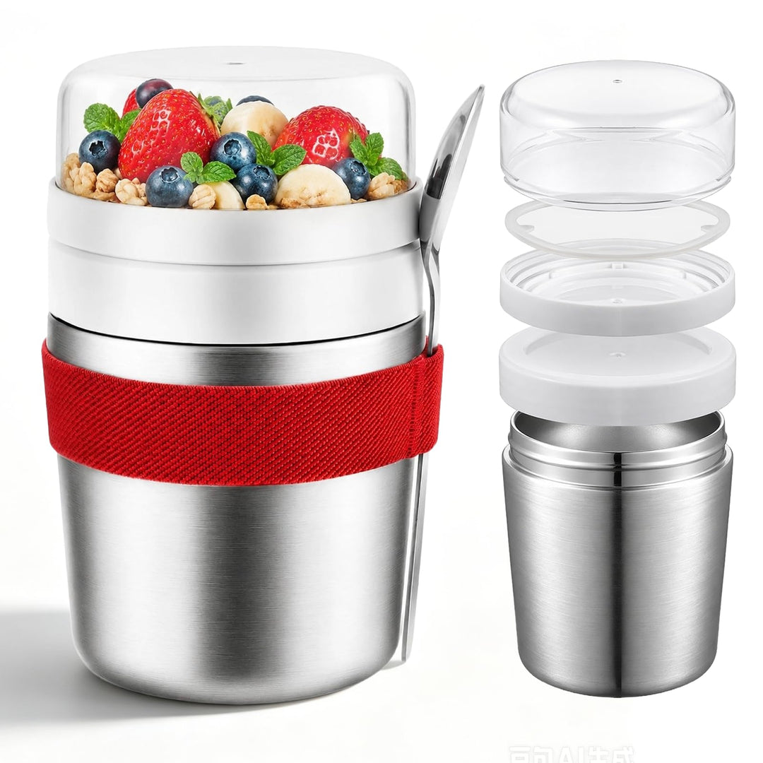 Edelstahl Müslibecher to Go mit Löffel, 500 ml + 220 ml Vakuumisolierter Joghurtbecher to Go Doppelt