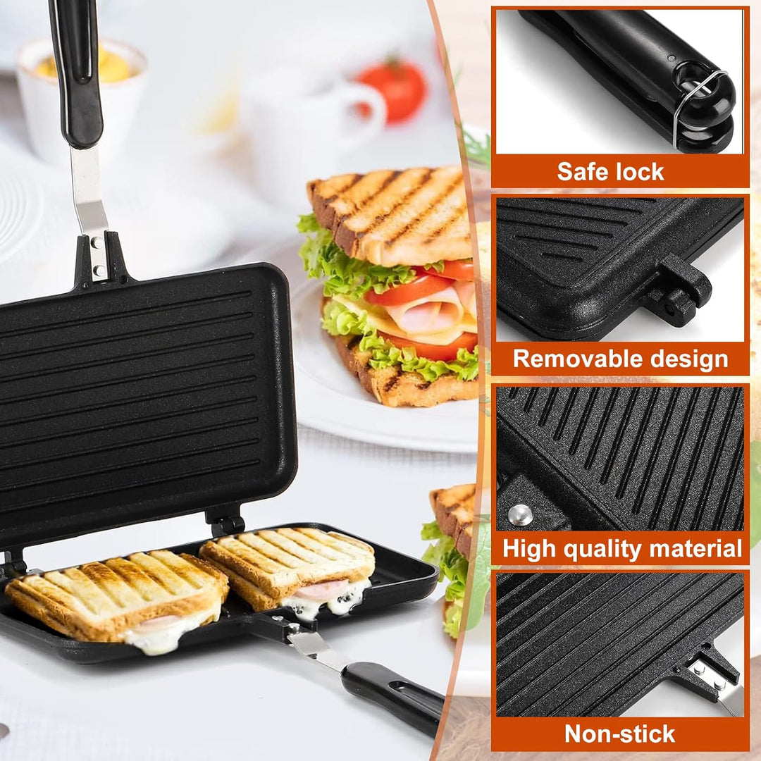 4 Stücke Doppelseitige Bratpfanne,Sandwich Maker mit 1 Küchenzange aus Edelstahl und 2 Silikonpinsel