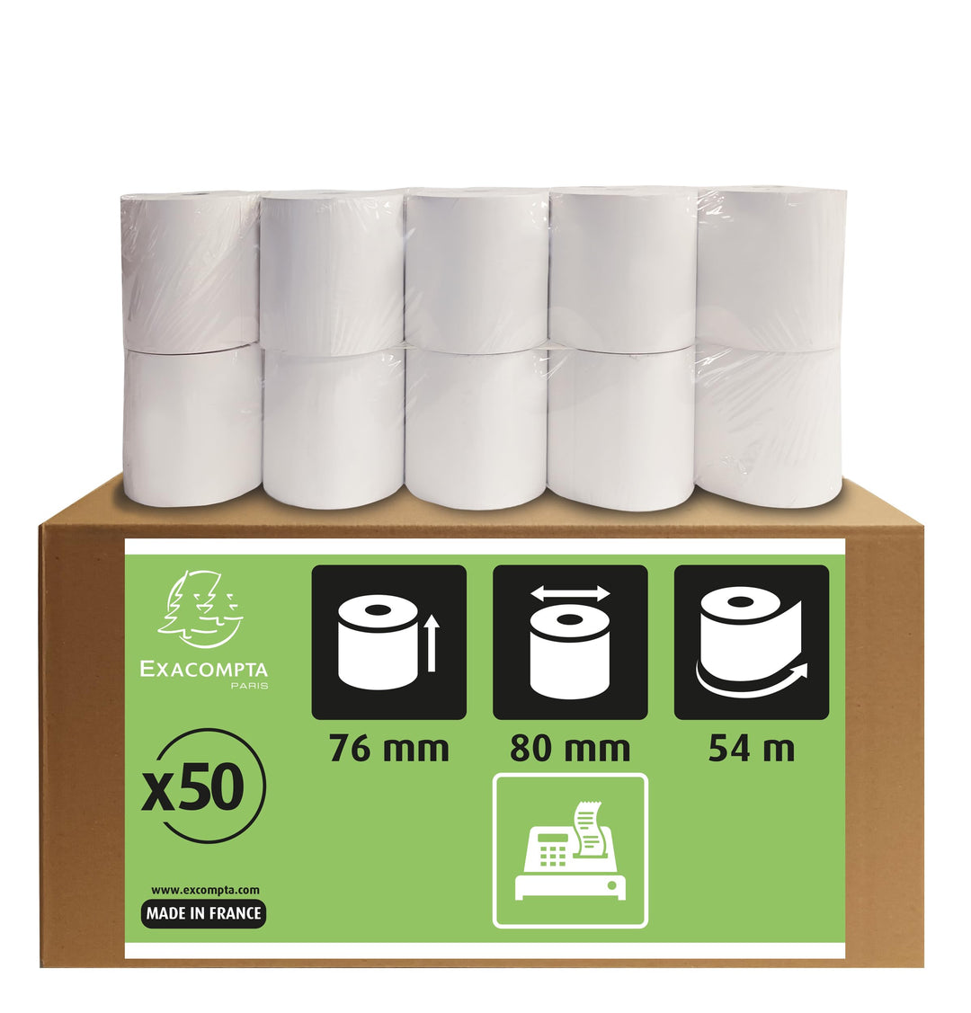 Exacompta 7680120V 50er Pack Kassenrollen, 1-lagig Offset(holzfrei) standard, Breite: 76mm, Länge 54