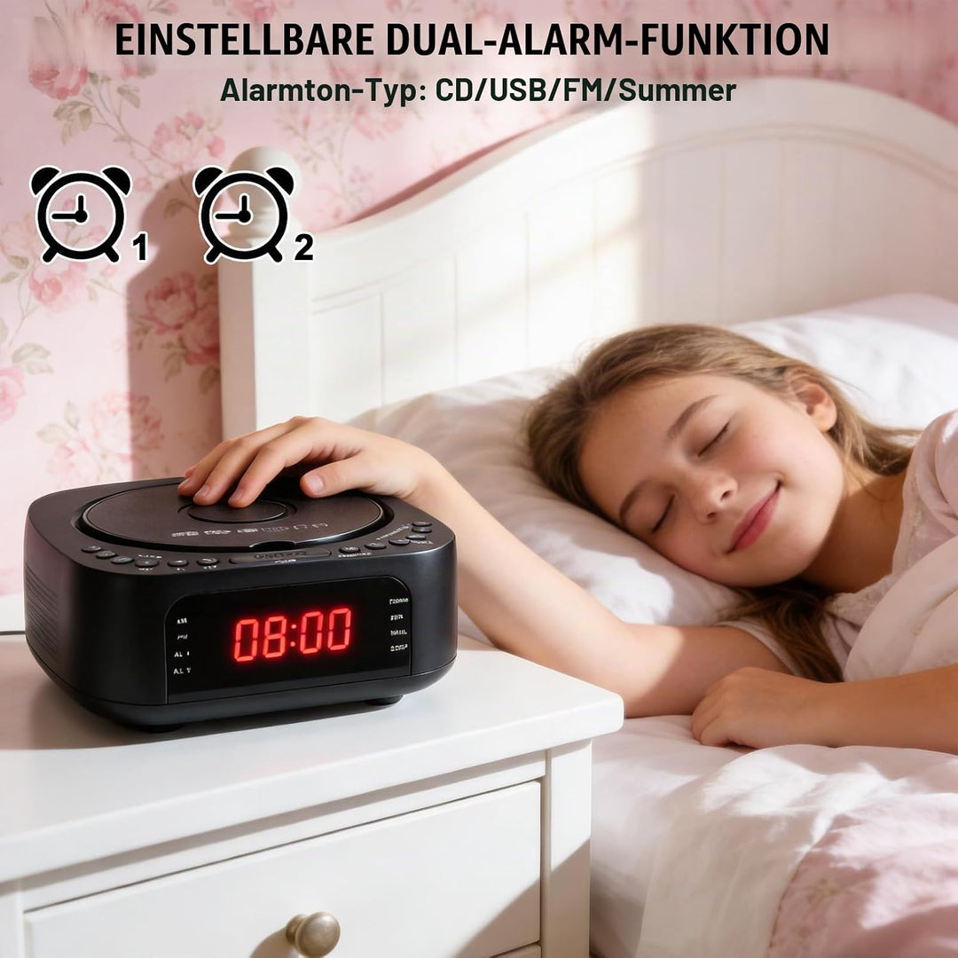 CD Player Tragbar mit Bluetooth, FM Radio, MP3 CD-Player mit Dual Stereo Lautsprecher, Wecker, Sleep