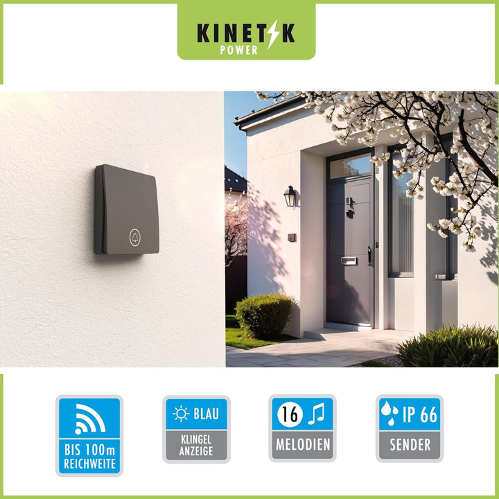 m-e Funkklingel KB-100 | mit batterielosem Sender und Empfänger | Kinetische Türklingel mit 100 Mete