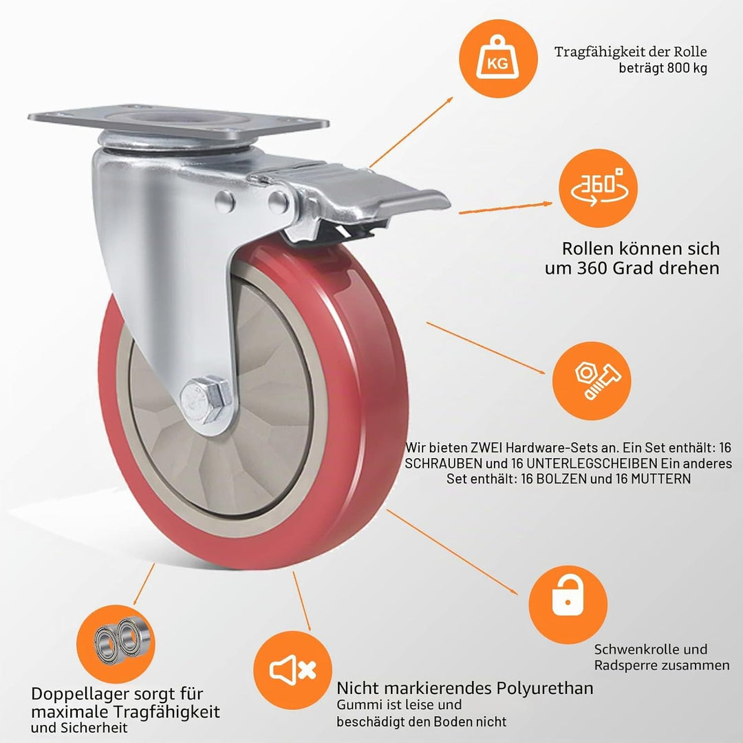 BAOLIHUI 4er Set Lenkrollen für Möbel 125MM Möbelrollen mit Bremse Schwerlastrollen 800kg Rot Rollen