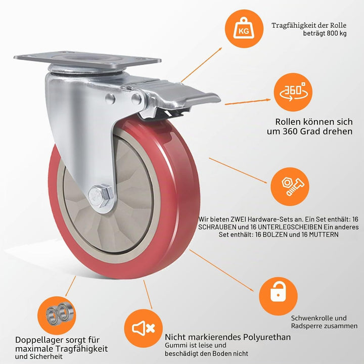 BAOLIHUI 4er Set Lenkrollen für Möbel 125MM Möbelrollen mit Bremse Schwerlastrollen 800kg Rot Rollen