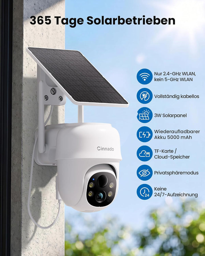 Cinnado Überwachungskamera Aussen Akku Solar - 2K Kabellos Kamera Überwachung Aussen, 360° PTZ 2,4 G