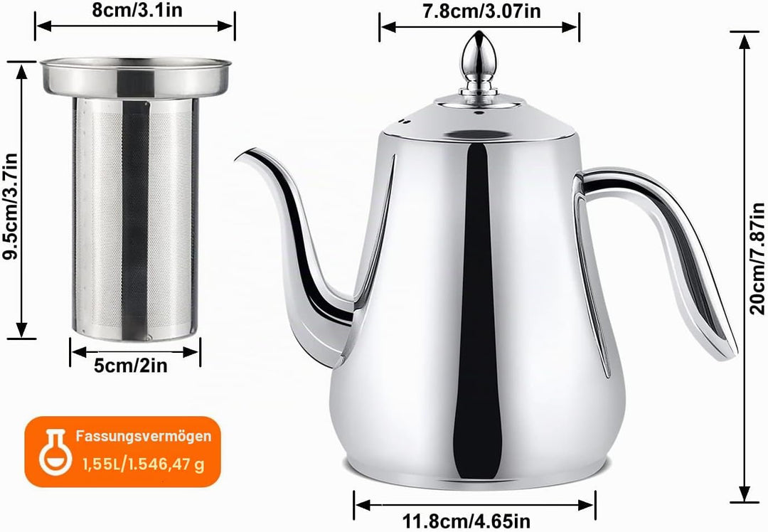 SANQIAHOME 1550ml Edelstahl-Teekanne mit herausnehmbarem Siebeinsatz, Qualitäts-Teekanne mit kleinem