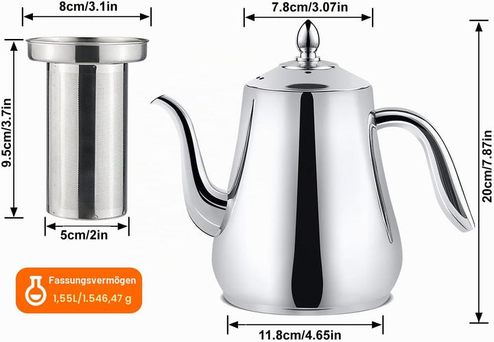 SANQIAHOME 1550ml Edelstahl-Teekanne mit herausnehmbarem Siebeinsatz, Qualitäts-Teekanne mit kleinem