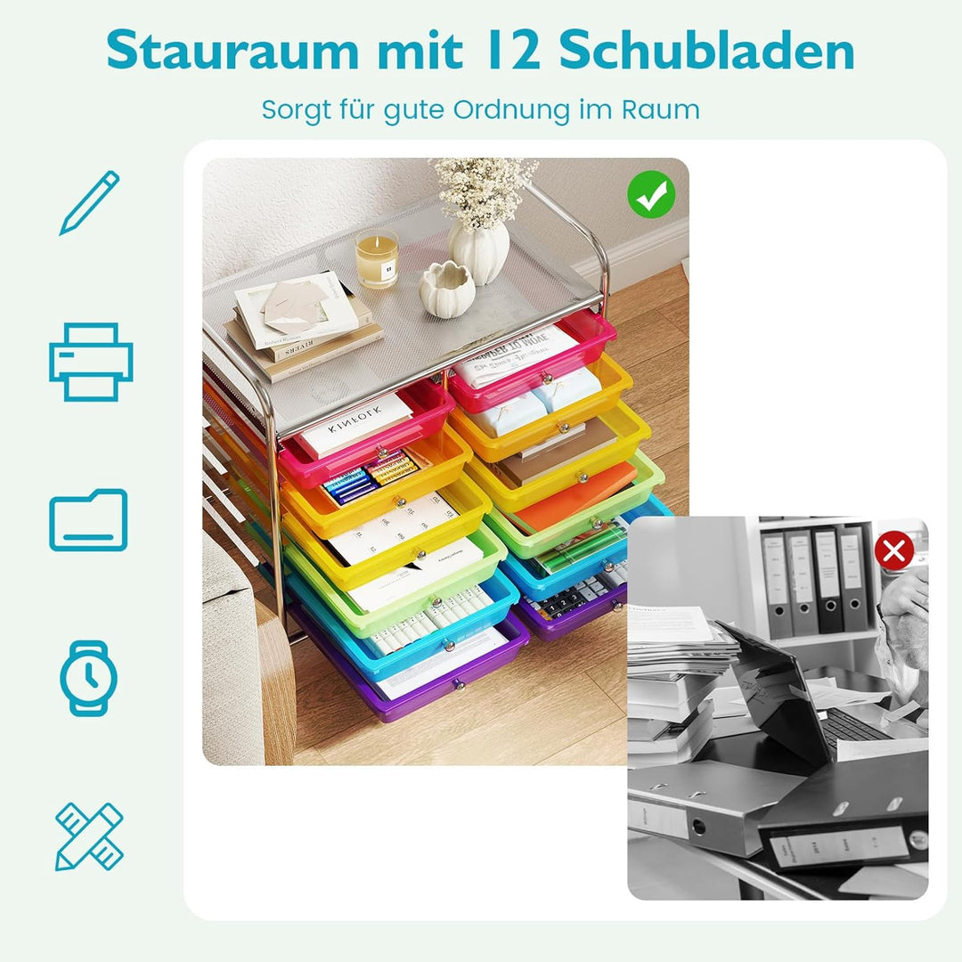 COSTWAY Rollwagen mit 12 stapelbaren Schubladen, Schubladenwagen Rollcontainer mit Metallgestell & A