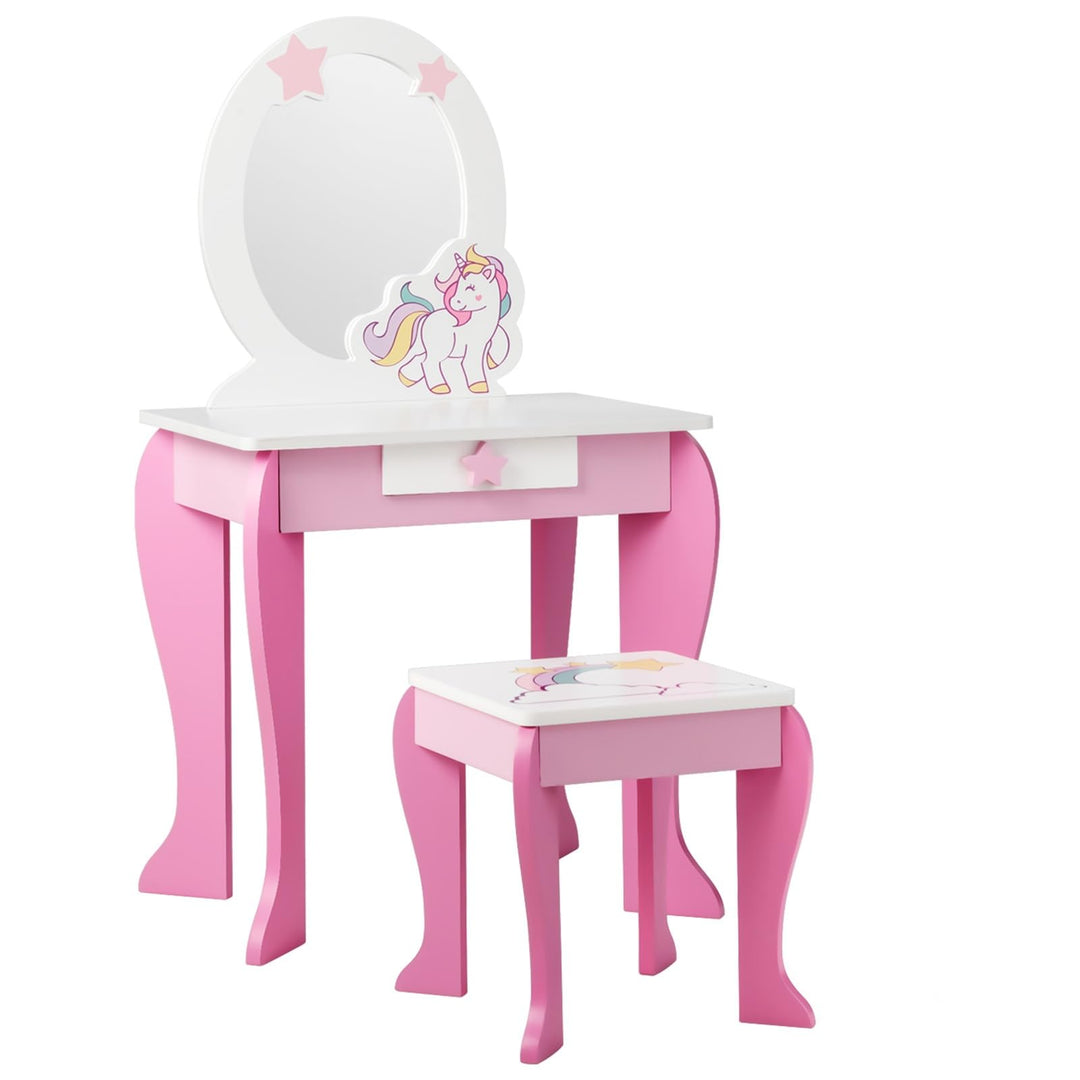 DREAMADE Kinder Schminktisch mit Hocker und Abnehmbarer Spiegel, Prinzessin Frisiertisch für Kinder,