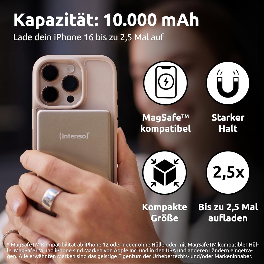 Intenso MW10000 Magnetische Powerbank 10000 mAh – MagSafe kompatibel, Wireless Charging 15W, USB-C P