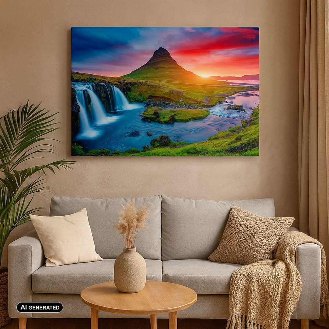 Bilder auf Leinwand Sonnenuntergang Wasserfall Island Vulkan Leinwandbild 70x50cm Wandbilder Dekorat