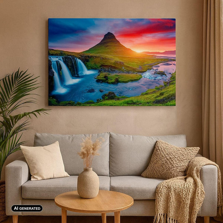 Bilder auf Leinwand Sonnenuntergang Wasserfall Island Vulkan Leinwandbild 70x50cm Wandbilder Dekorat