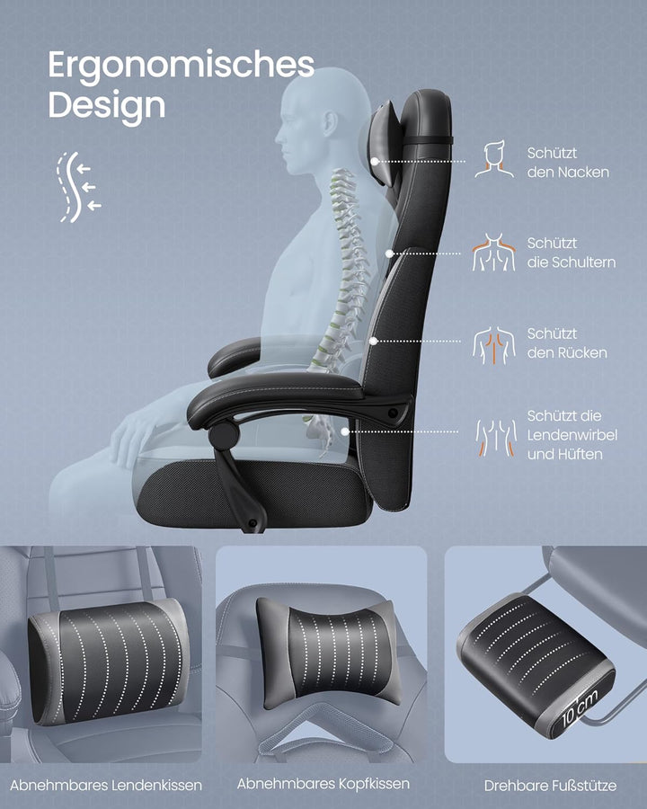SONGMICS Gaming Stuhl, Bürostuhl mit Fussstütze, Schreibtischstuhl, ergonomisches Design, verstellba
