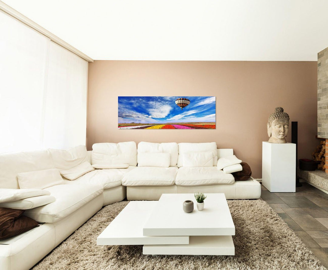 Paul Sinus Art Panoramabild auf Leinwand und Keilrahmen 120x40cm Blumenfeld Heissluftballon Sommer H