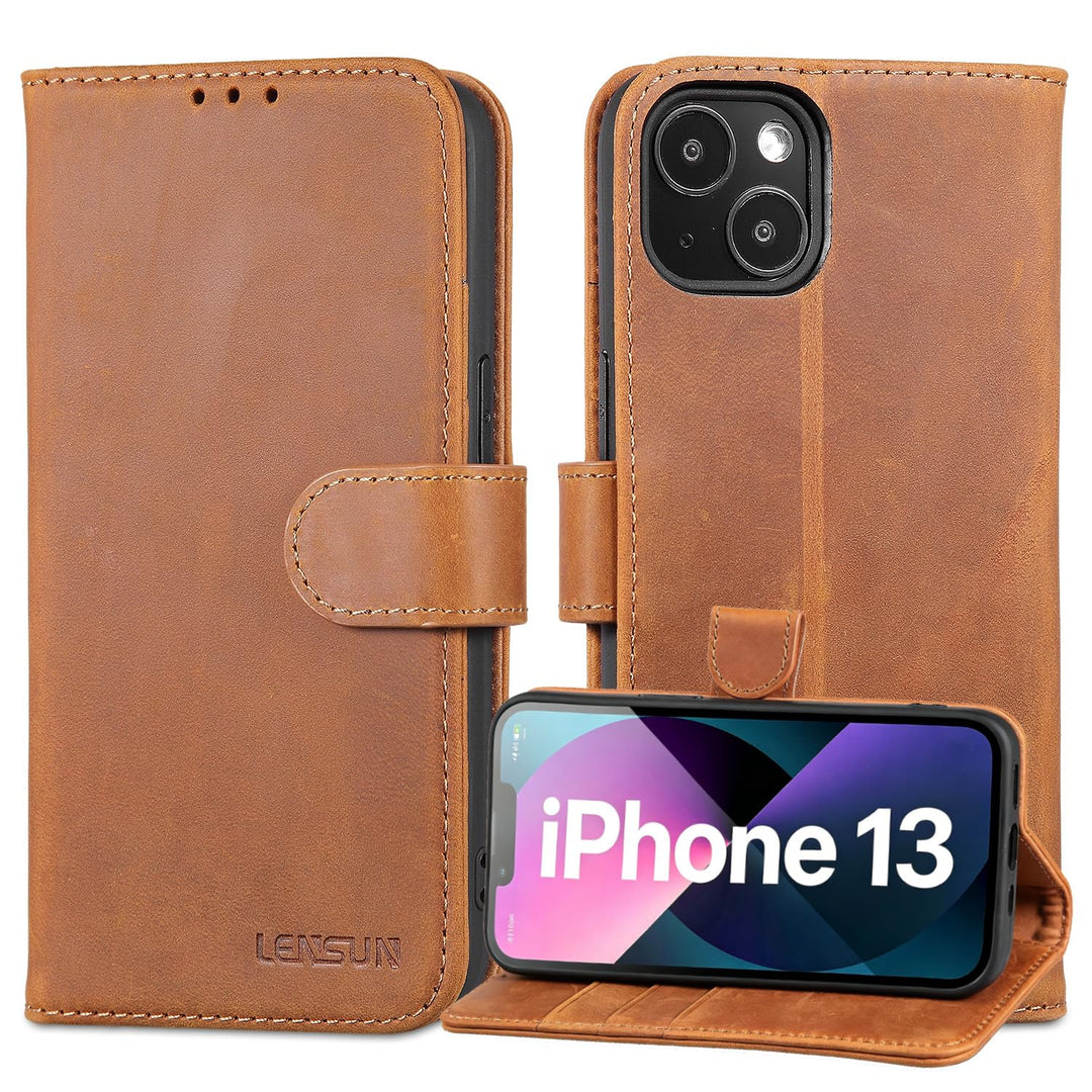 LENSUN Echtleder Hülle für iPhone 13 5G, Handyhülle [Echtes Leder][Magnetverschluss][RFID Schutz] Ha