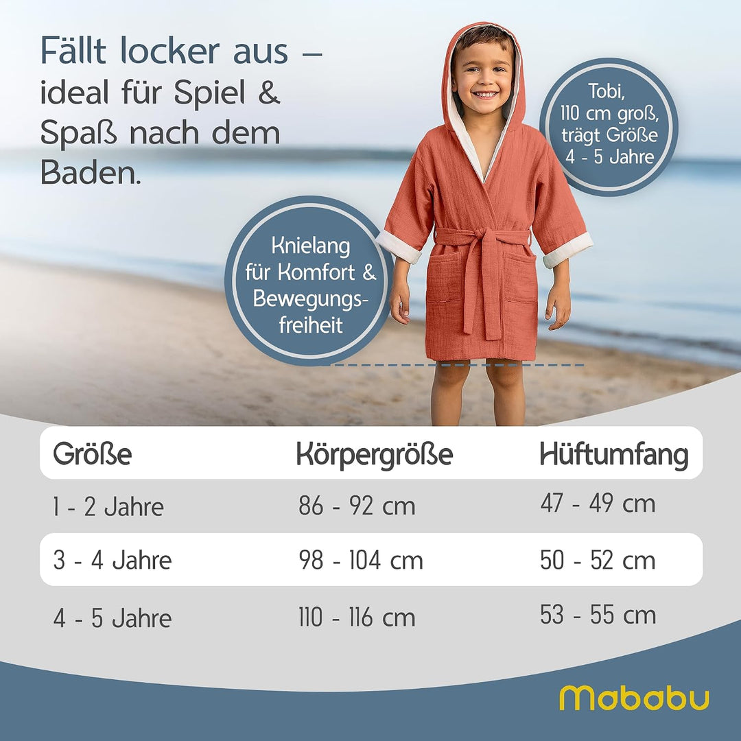 Bademantel Kinder mit Kapuze | 100% Bio-Baumwolle GOTS Zertifiziert | Premium Musselin Kinderbademan