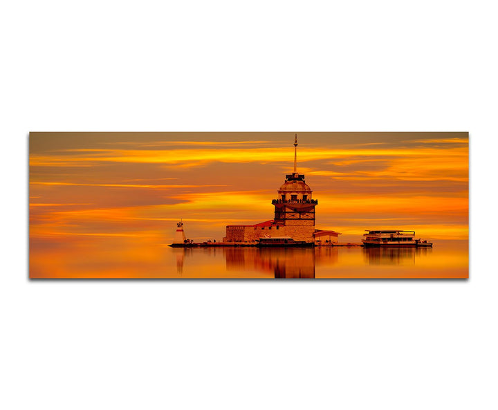 Paul Sinus Art Panoramabild auf Leinwand und Keilrahmen 150x50cm Istanbul Leuchtturm Sonnenuntergang