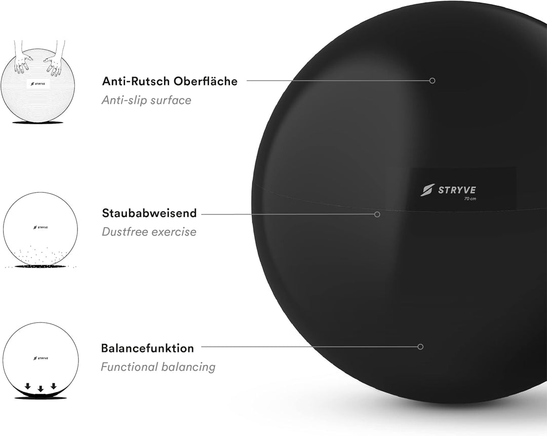 Stryve Gymnastikball inkl. Ballpumpe 65cm, Balance Ball aus mattem PVC in schwarz, Sitzball für Büro
