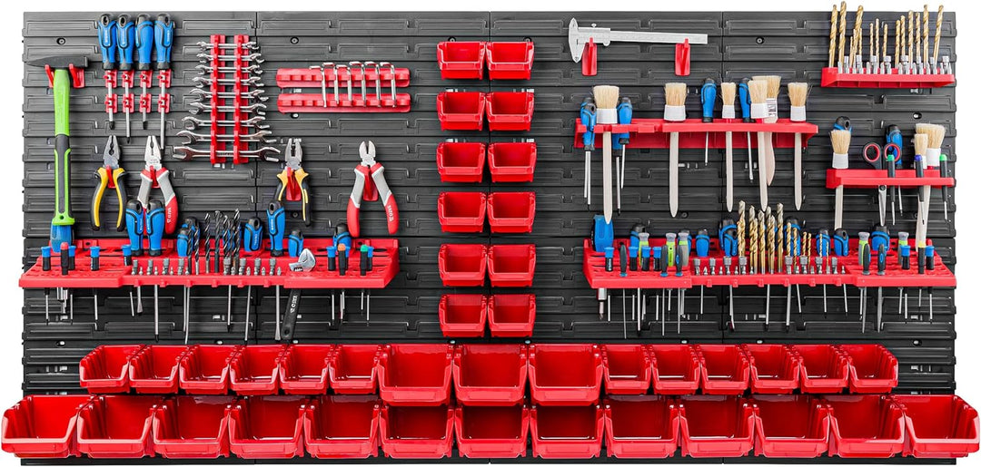 Lagersystem Werkstattregal | 156 x 78 cm | 40 stck. Box | Wandregal mit Werkzeughalterungen und Stap